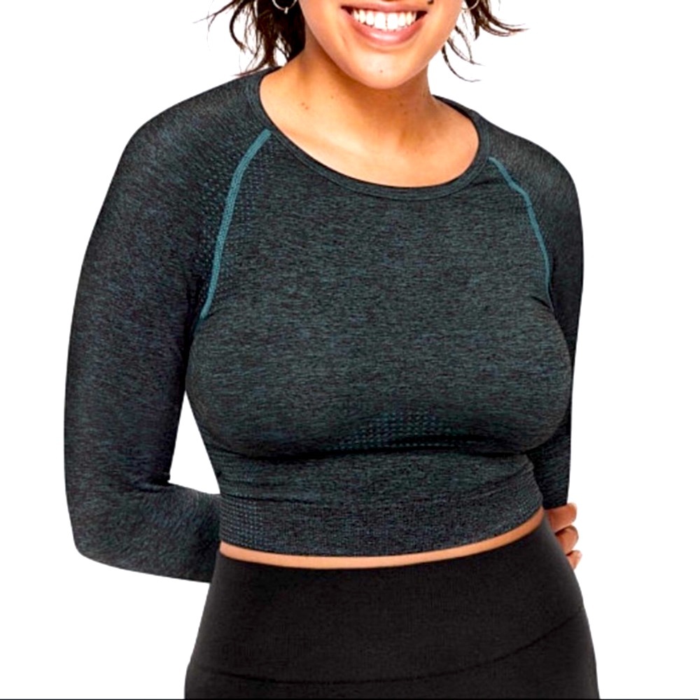 NWOT PINK VS Seamless Cropped Workout Crew Long sleeve Teal Black Marled